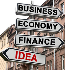 Obraz premium The road indicator on the arrows of which is written - business, economics, finance and IDEA