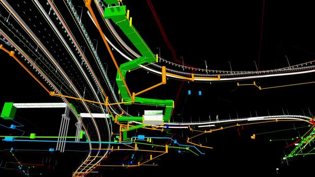 The BIM model of the underground transportation infrastructure object of urban utilities at wireframe view	