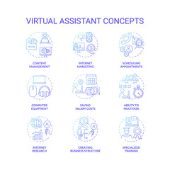 Virtual assistants blue gradient concept icons set. Distant job. Online manager. Business marketing. Remote freelance work idea thin line RGB color illustrations. Vector isolated outline drawings