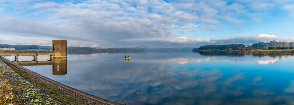 A panorama view from the southern shore out over the waters of Pitsford Reservoir, UK in winter