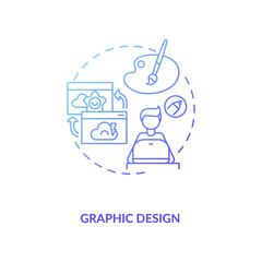 Graphic design blue gradient concept icon. Virtual assistant for creative agency. Digital artist. Freelance job idea thin line illustration. Vector isolated outline RGB color drawing