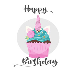 Cute Unicorn cupcake greeting card with happy birthday text. Vector illustration.