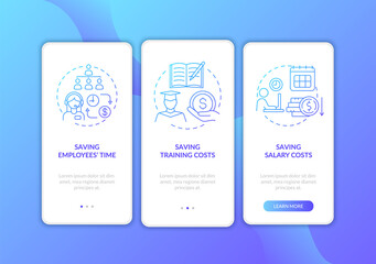 Saving money on work dark blue onboarding mobile app page screen with concepts. Time management. Reduce cost walkthrough 3 steps graphic instructions. UI vector template with RGB color illustrations