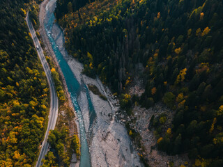 Mountain river in golden autumn among conifers in the mountains. Dombay. Russia. Drone shot