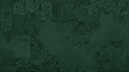 Old green worn grunge vintage shabby patchwork motif tiles stone concrete cement wall wallpaper...