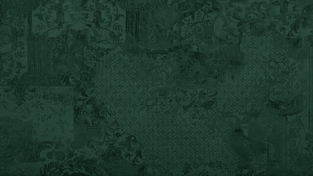 Old green worn grunge vintage shabby patchwork motif tiles stone concrete cement wall wallpaper texture background 