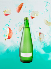 Green Glass Bottle Under Water with Slices of Apple Sinking Around the Bottle