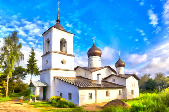 View on old orthodox church building colorful painting, Pskov, Russia