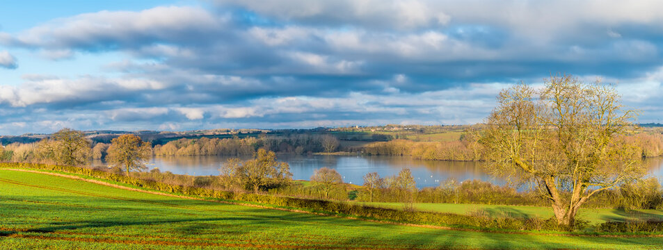 A panorama view across the north-east section of  Pitsford Reservoir, UK in winter