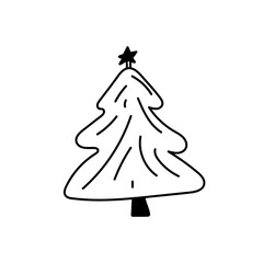 Continuous one line drawing of Christmas tree with decorations. New Year concept, fir tree made of one line in modern minimalist style for holiday cards. Vector illustration.