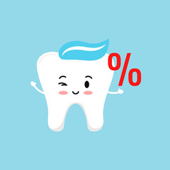 Cute tooth with percent symbol isolated on background. Teeth with percentage for sale discount and dental offer. Flat design cartoon dentistry character vector advertising and marketing illustration. 