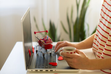 Woman hands holding wallet with credit business card. Opened laptop, gift box, hearts. Concept of...