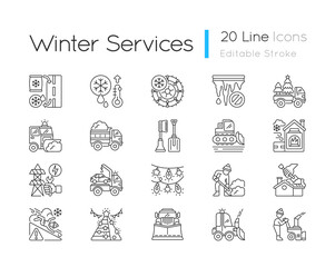 Snow removing services linear icons set. Clearing city after strong snowfall. Plow truck company. Customizable thin line contour symbols. Isolated vector outline illustrations. Editable stroke