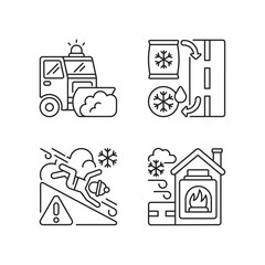 Ice clearing services linear icons set. Clearing roads from ice. Avalanche warning sign near mountains. Customizable thin line contour symbols. Isolated vector outline illustrations. Editable stroke
