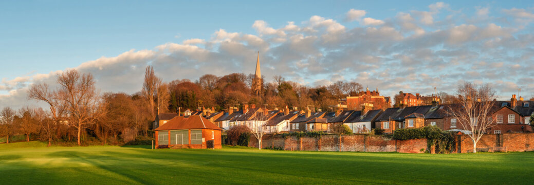 Panoramic landscape of Harrow on the Hill town in Greater London with visible Harrow School buildings on the top, England 