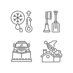 Winter cleaning service linear icons set. High temperature snow melting. Roof ice removal. Customizable thin line contour symbols. Isolated vector outline illustrations. Editable stroke