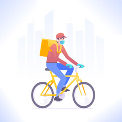 Quarantine delivery concept. Courier guy wearing mask and gloves riding bicycle, delivering package or parcel box. Fast delivery service, vector illustration
