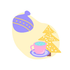 Christmas season flat vector concept illustration with abstract shapes. Xmas tree with snow. Hot drink in mug. Festive seasonal greeting. Wintertime 2D geometric and organic cartoon elements