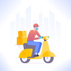 Quarantine delivery concept. Courier guy wearing mask and gloves riding scooter or moped, delivering package or parcel box. Fast delivery service, vector illustration