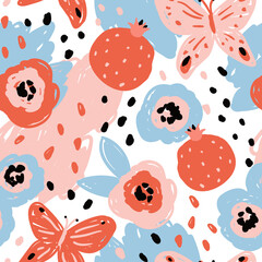 Seamless pattern with abstract shapes, pomegranates and butterflues. Modern flat style, memphis design. Hand drawn vector illustration. Texture for print, fabric, textile, wallpaper.