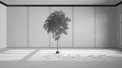 Unfinished project, imaginary fictional architecture, interior design, empty room, open space, walls with trim molding in the background and birch tree in the middle of the room