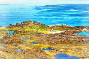 Scenery landscape of Barents sea shoreline colorful painting looks like picture.