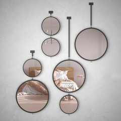 Fototapeta na wymiar Round mirrors hanging on the wall reflecting interior design scene, classic luxury beige bedroom with double bed, blanket, linens and pillows, chandelier, architecture concept idea