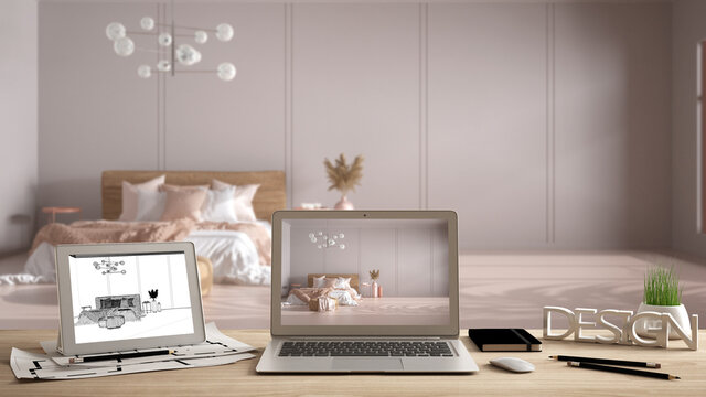 Architect designer desktop concept, laptop and tablet on wooden desk with screen showing interior design project and CAD sketch, blurred draft in the background, classic beige bedroom