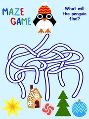 Amusing maze game with penguin stock vector illustration. Cartoon maze game colorful vertical page for printing and fun. Christmas time and winter holidays activity page for kids. Onr of a series