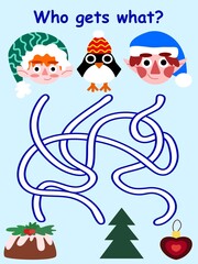 Who gets what? - Christmas maze game stock vector illustration. Labyrinth with elves and penguin for winter holidays pastime . Educational visual colorful puzzle for printing and fun. One of a series