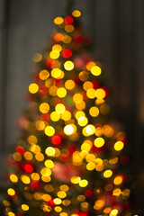 Defocused background of coniferous tree with shiny fairy lights in dark room during Christmas celebration