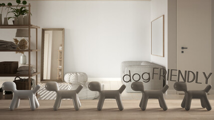 Wooden table top or shelf with line of stylized dogs, dog friendly concept, love for animals, animal dog proof home, living room with sofa and shelves, carpet, cool interior design