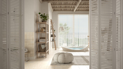 White folding door opening on minimalist luxury white bathroom with big round bathtub, panoramic...