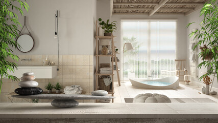 Wooden vintage table or shelf with stone balance, over blurred modern bathroom with big round...