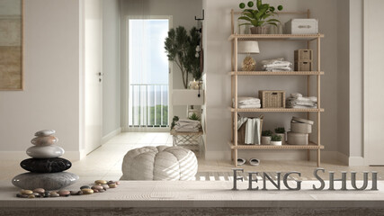 Wooden vintage table shelf with pebble balance and 3d letters making the word feng shui over minimal white bathroom with wooden shelves, washbasin, window, zen concept interior design