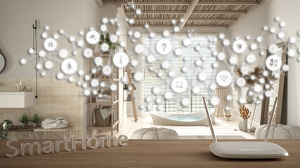 Wi-Fi wireless router on wooden table, smart home, geometric background with connected line and dots showing internet of things system, home automation concept over modern bathroom