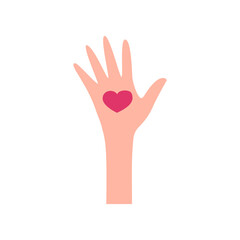 Human hand with a drawn heart in the palm. Caring and love. Support and solidarity. Colorful vector isolated illustration in flat style