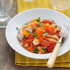 Sauteed Squid with Cherry Tomatoes, Garlic and Basil Leaves