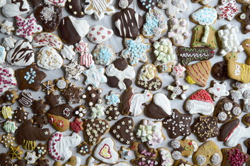 Closeup homemade Gingerbread cookied decorated by children for christmas