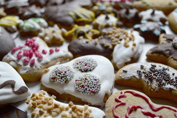 Closeup homemade Gingerbread cookied decorated by children for christmas
