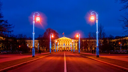 Saint Petersburg administration building Smolny institute at night.