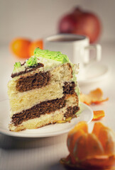 Piece of sponge cake with chocolate