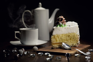 coffee set and a slice of cake