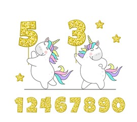 Two cute unicorns witha Golden number , a children's Birthday card.Vector illustration isolated on white background.