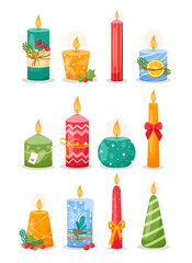 Vector set of Christmas burning wax candles isolated on white background. Aromatic candles for home decoration, romantic, aromatherapy, New year cards.  Xmas Candle with bow, pine branches, snowflakes