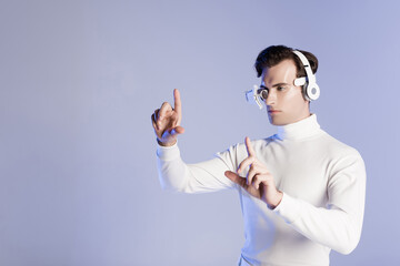 Cyborg man in headphones touching something isolated on purple