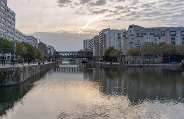 Obraz premium Paris, France - 11 07 2020: View of Reflections in tha Ourcq Canal from canal roundabout