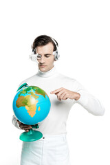 Cyborg in headphones and eye lens pointing at globe isolated on white