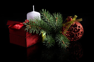 Winter postcard on dark background. Christmas background with herringbone and decor.