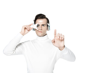 Cyborg in headphones and digital eye lens touching something isolated on white